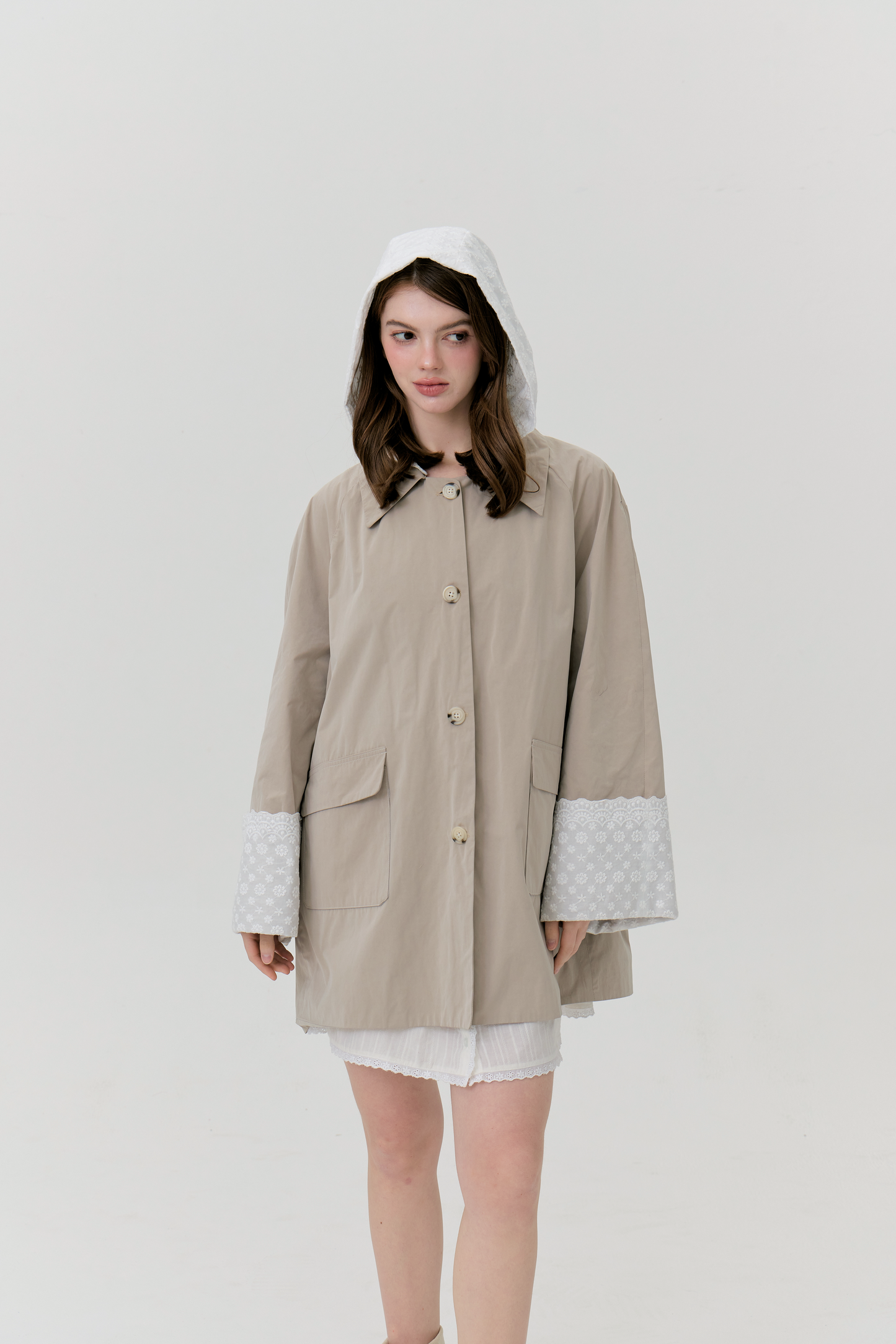 Daisy Trench Coat with Lace Cuffs & Detachable Hood